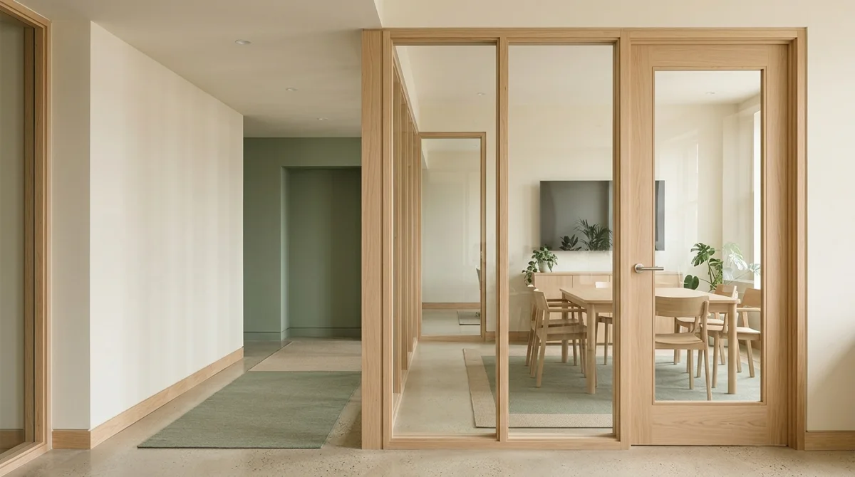 Glazed door and screen in an interior corridor