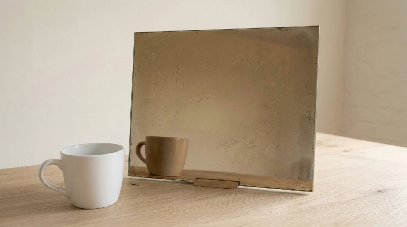 Bronze antique-style mirror with warm aged silvering and the reflected white reference cup