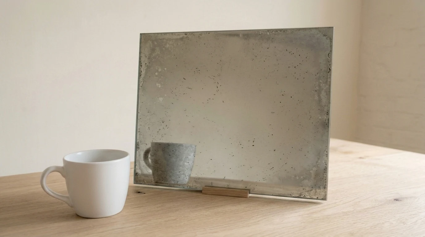 Grey antique-style mirror with aged silvering and the reflected white reference cup
