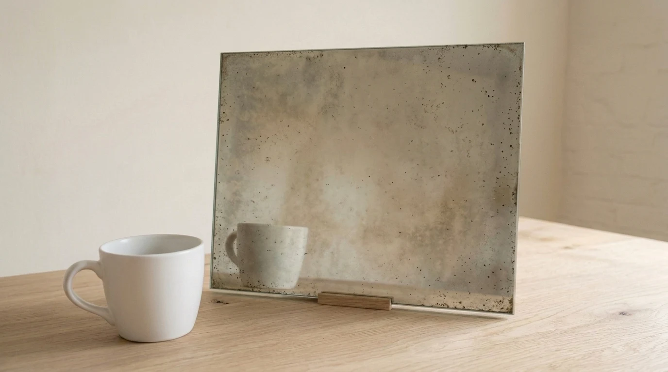 Antique mirror showing the white reference cup through its aged silvering and patina