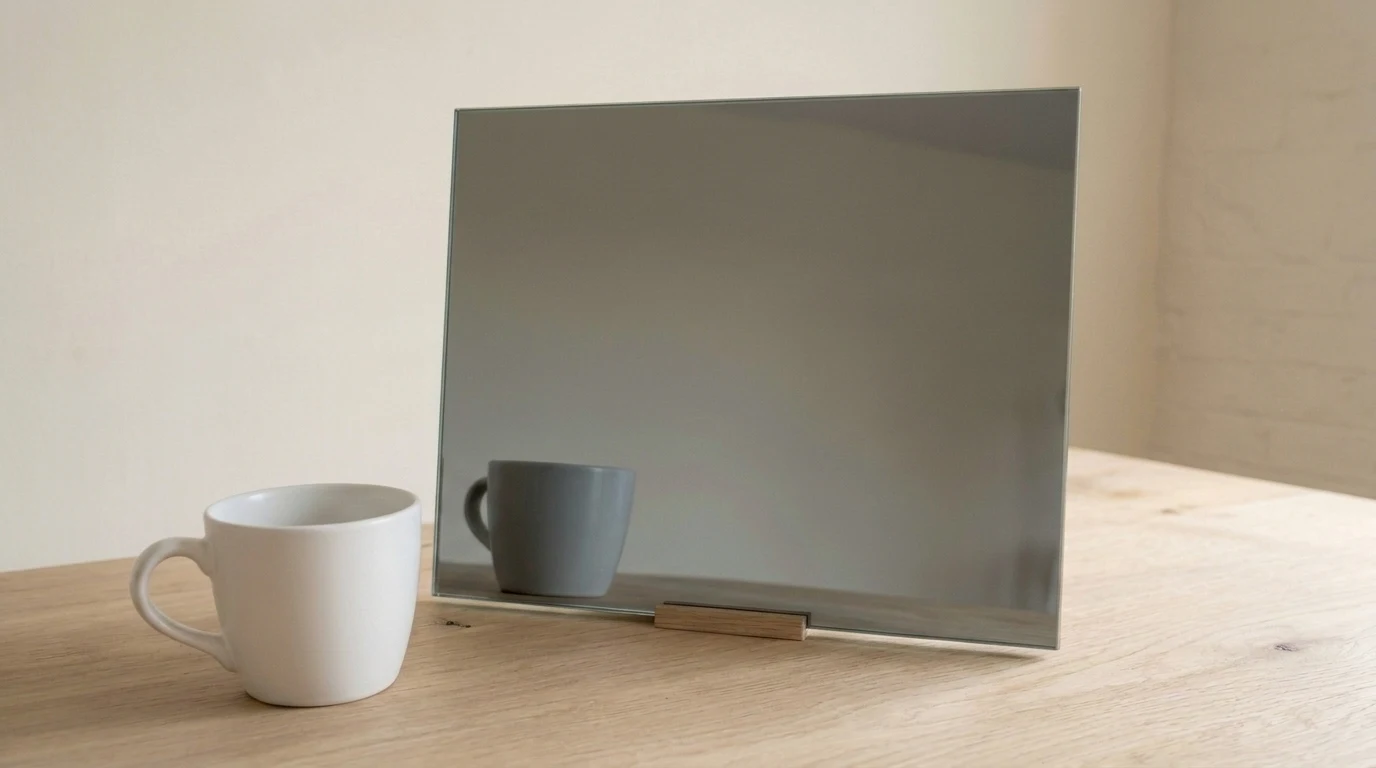 Grey mirror showing a grey-toned reflection of the white cup beside it