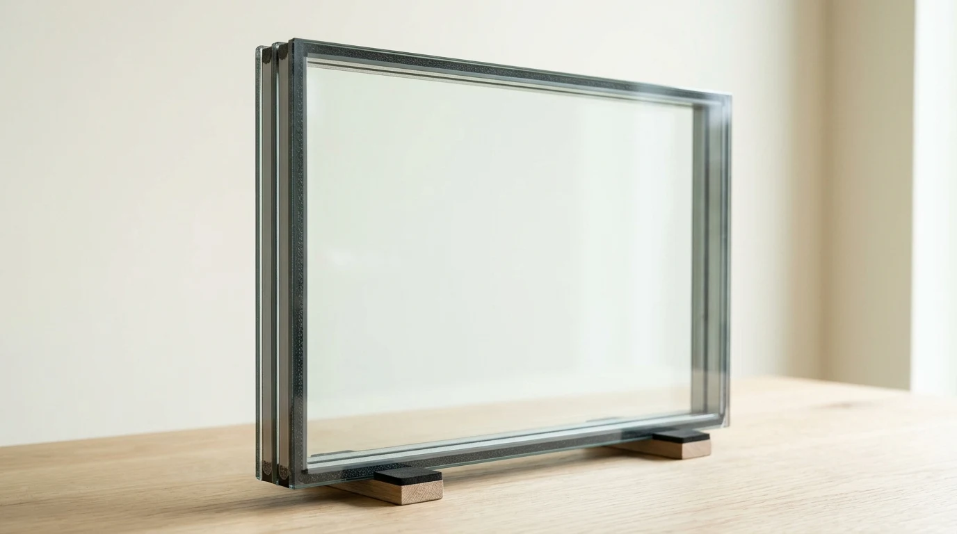 Triple-glazed sealed unit showing three panes and two spacer cavities