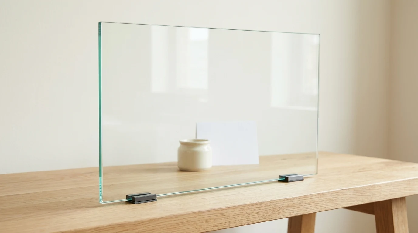 Transparent clear glass sheet with a subtle green edge on an oak bench