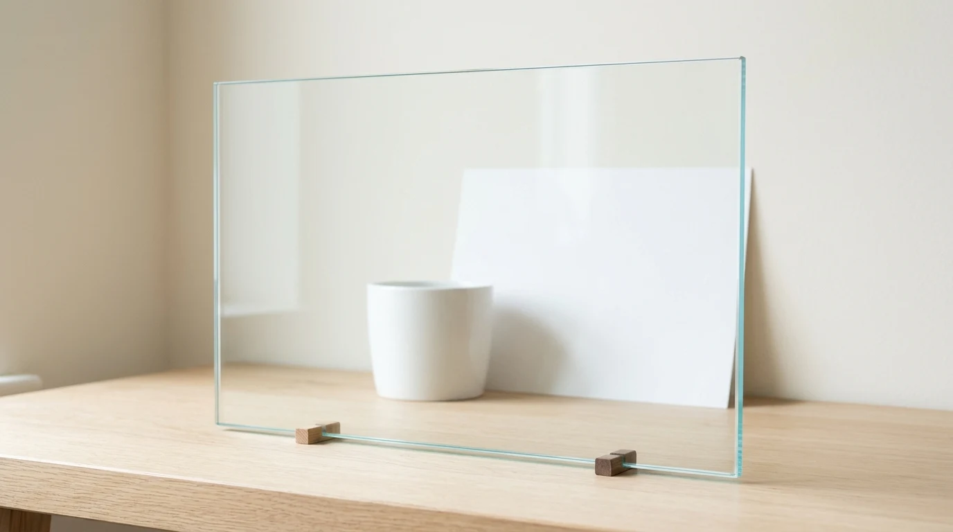 Extra-clear low-iron glass sheet with a pale edge on an oak bench
