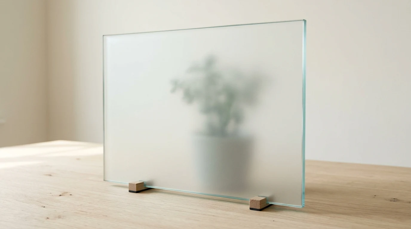 Smooth satin frosted glass diffusing the silhouette of a plant