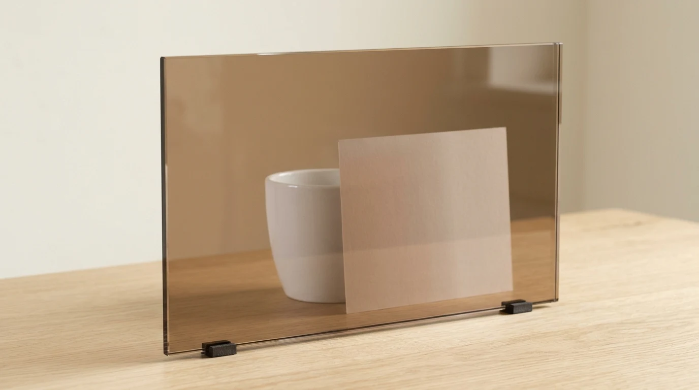 Transparent bronze body-tinted glass with objects visible through the panel