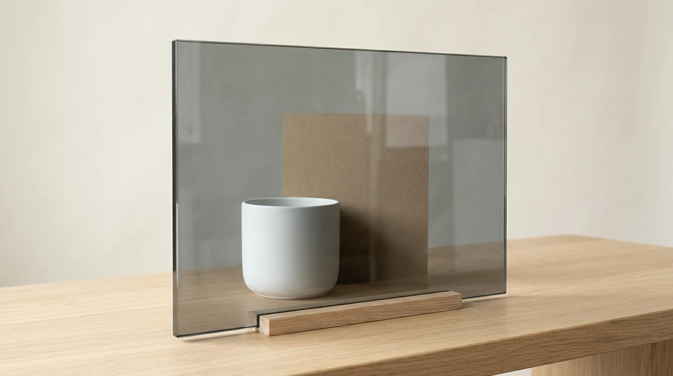 Transparent grey body-tinted glass with objects visible through the panel