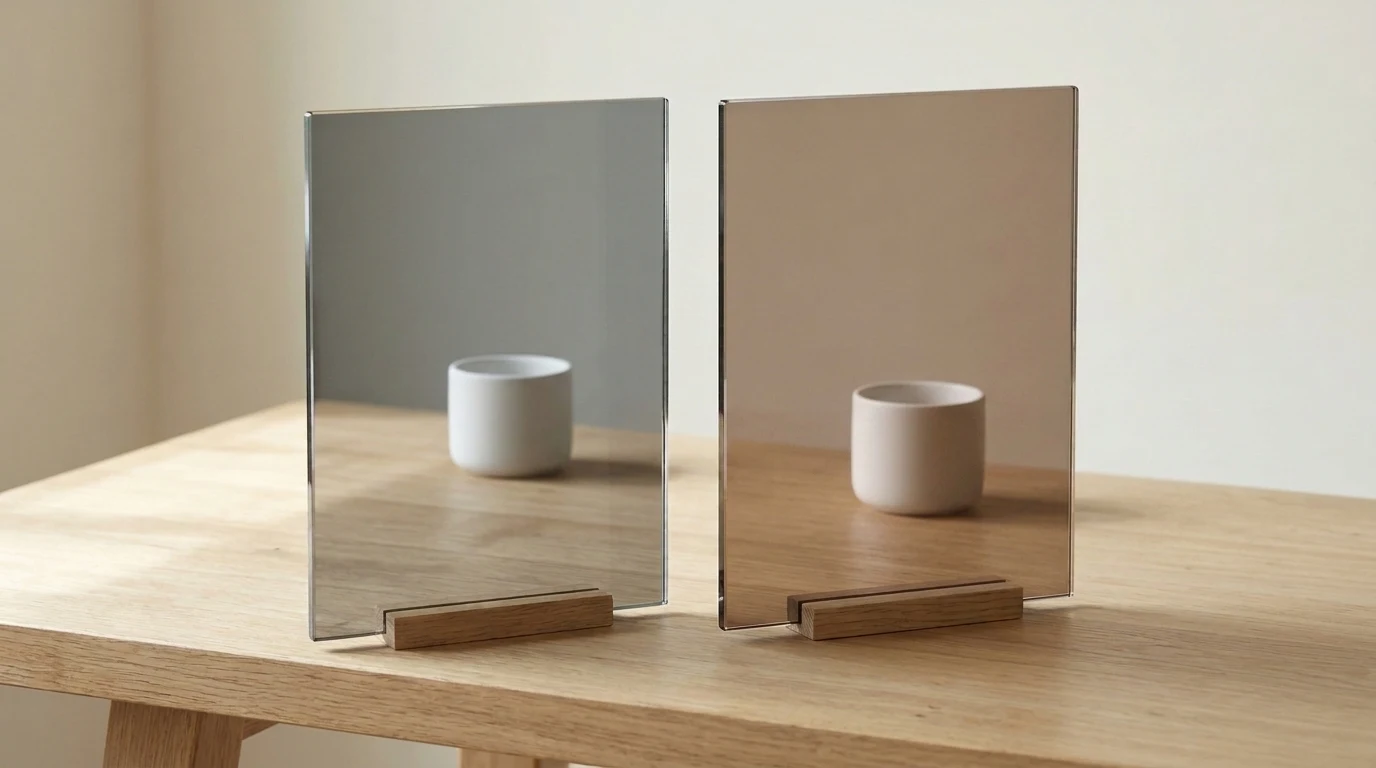 Grey and bronze body-tinted glass panels with matching white pots behind both