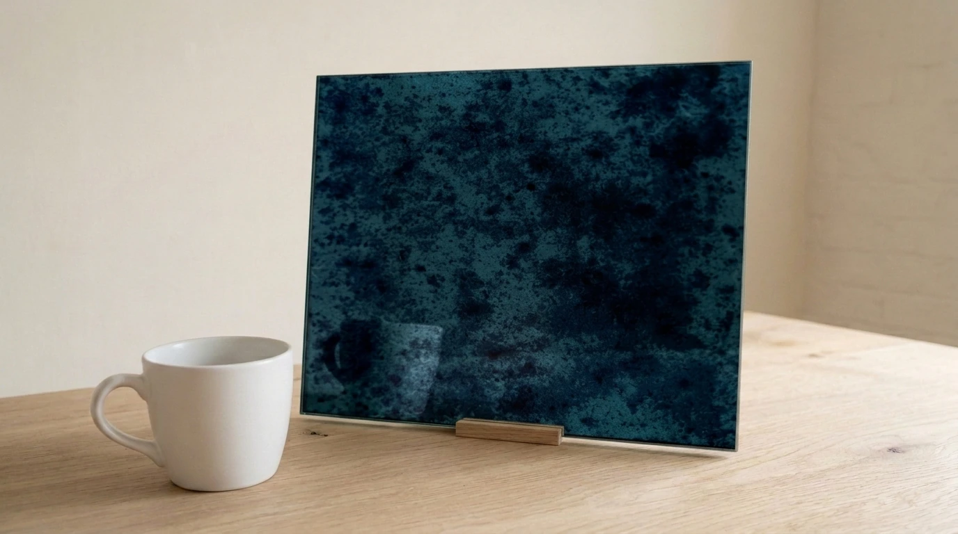 Caligo Heavy Toughenable Antique Mirror on Blue with the white reference cup