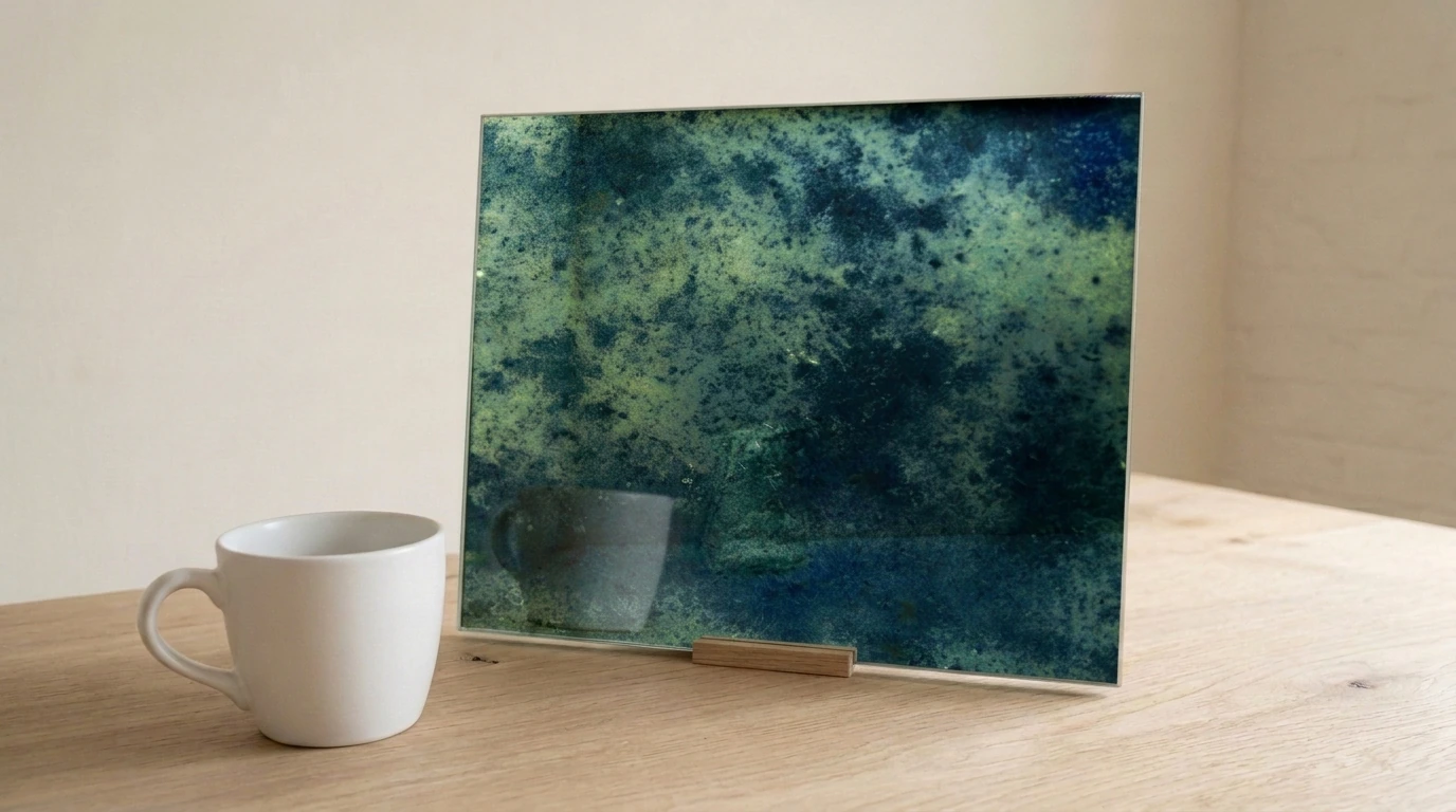 Caligo Heavy Toughenable Antique Mirror on Green with the white reference cup