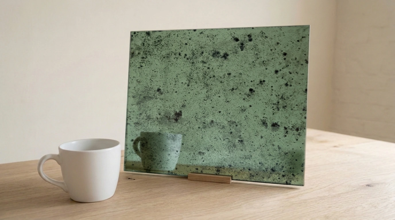 Caligo Light Toughenable Antique Mirror on Green with the white reference cup