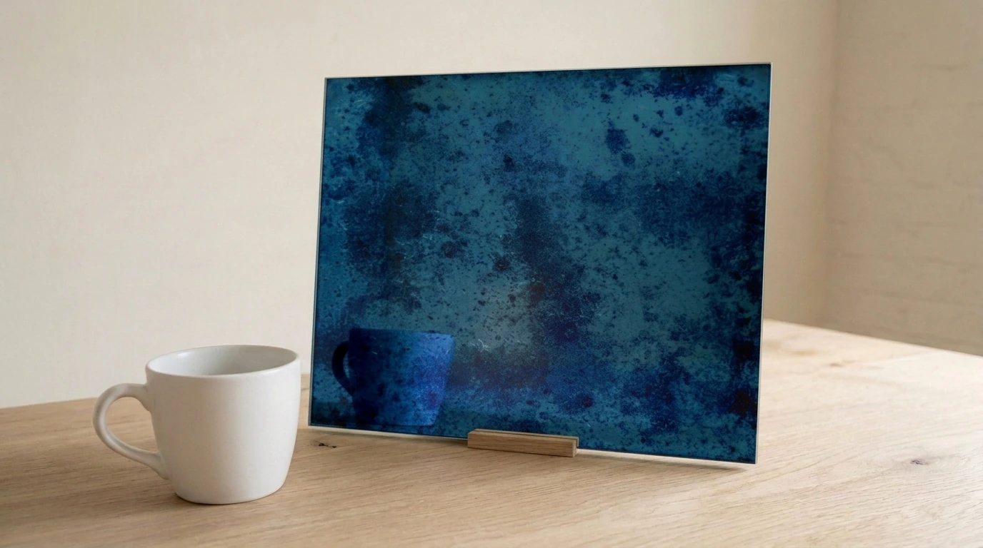 Caligo Medium Toughenable Antique Mirror on Blue with the white reference cup