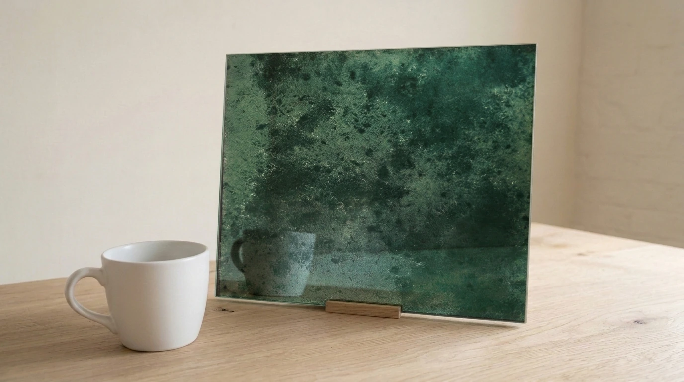 Caligo Medium Toughenable Antique Mirror on Green with the white reference cup