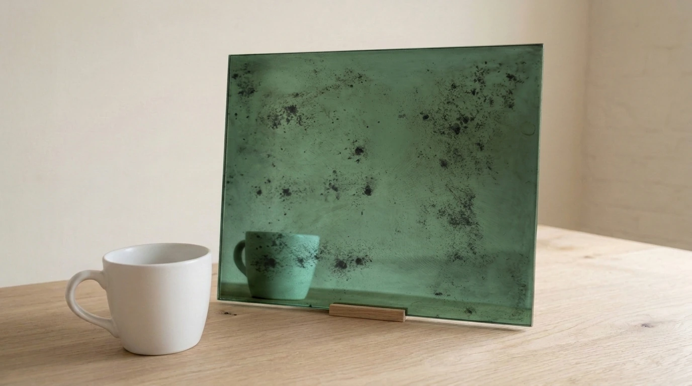 Caligo Sparse Toughenable Antique Mirror on Green with the white reference cup