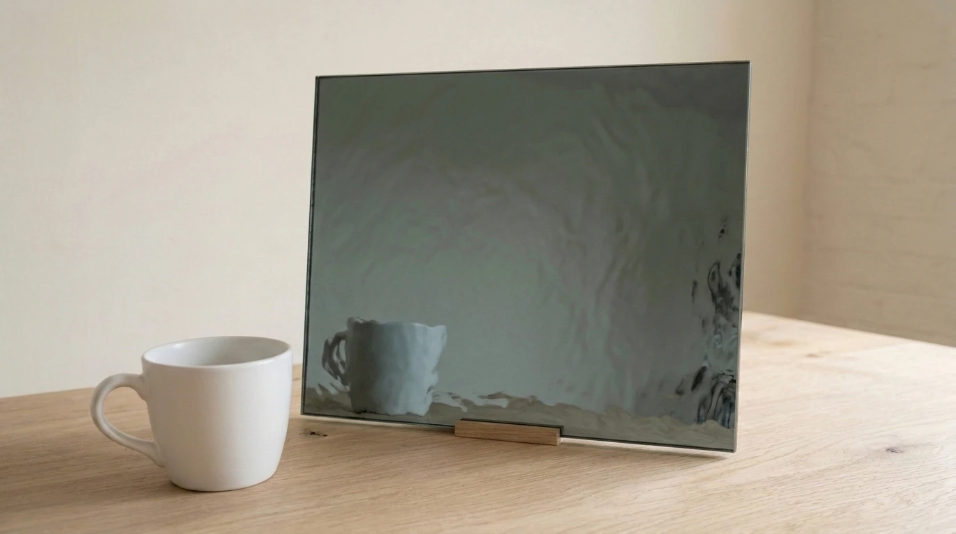 Grey Cathedral Laminated Mirror with the white reference cup