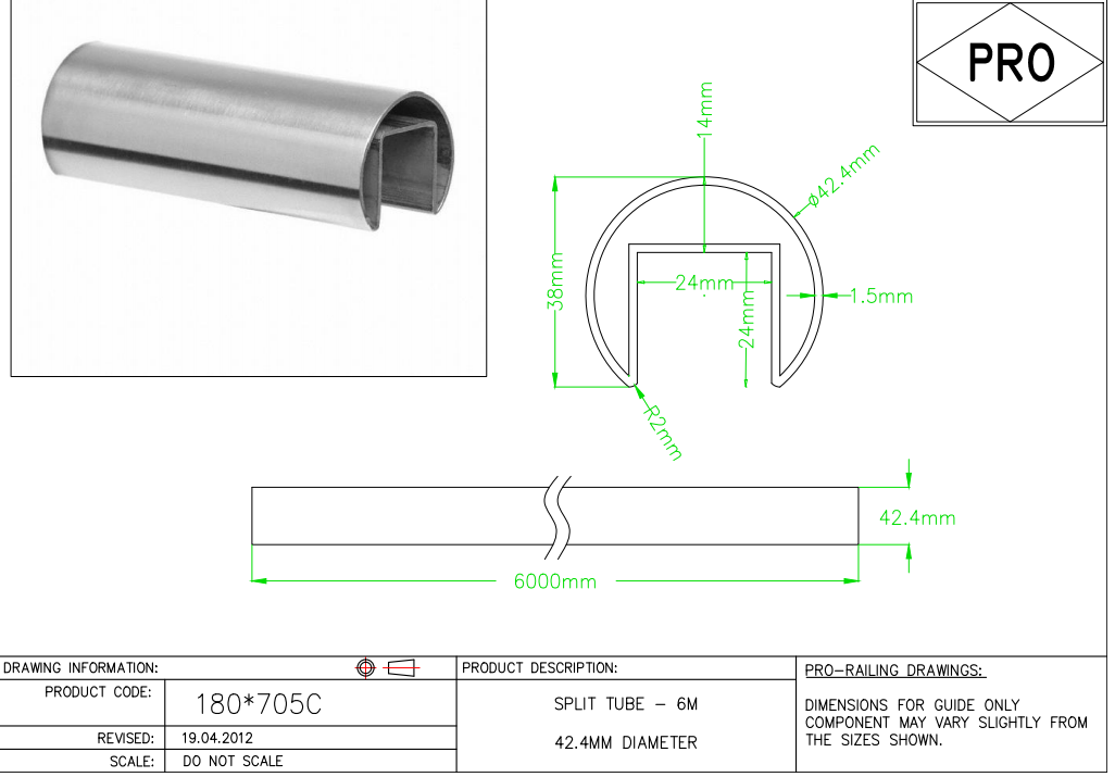 Stainless Steel Split Tube 42.4mm Diameter x 6m Long s/s 316